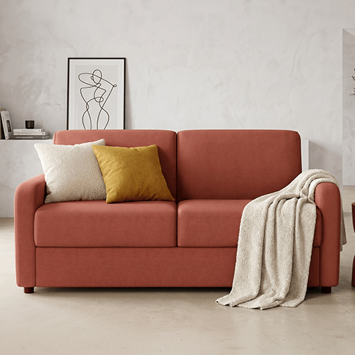 Canapé droit convertible 3 places en tissu chenille terracotta - ouverture express - Lumio
