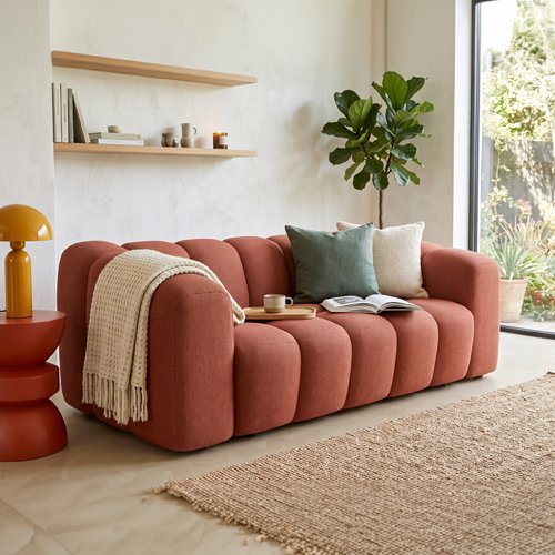 Canapé capitonné convertible 3 places en tissu chenille terracotta - ouverture express - Belleville