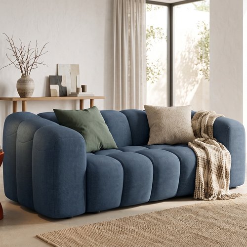 Canapé capitonné 3 places en tissu chenille bleu foncé - Belleville