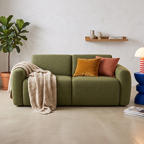Canapé droit convertible 3 places en tissu chenille vert olive - ouverture express - Suzie