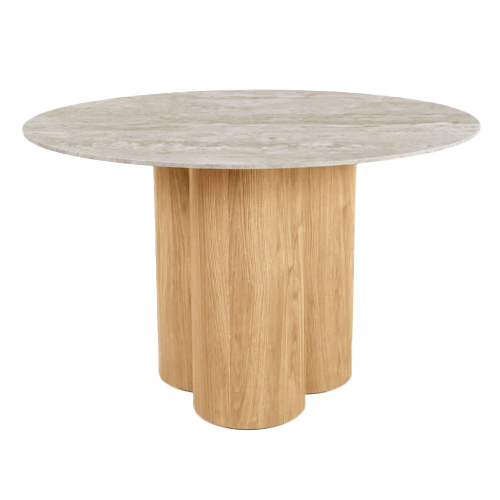 Table à manger ronde 4 pers. en céramique effet Travertin et piètement effet chêne Ø150 cm - Brescia