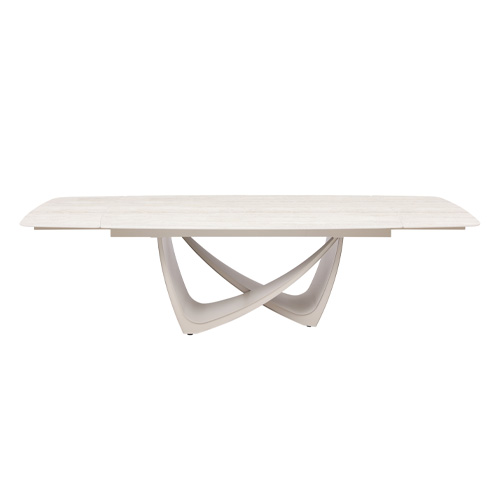 Table à manger rectangulaire extensible 8/12 pers. en céramique effet Travertin et piètement blanc 200/300x100 cm - Thule