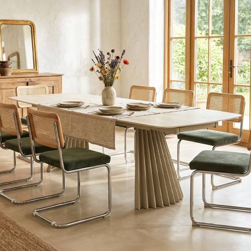 Table à manger rectangulaire extensible 8/12 pers. en céramique effet Travertin et piètement blanc 200/300x100 cm - Bruma