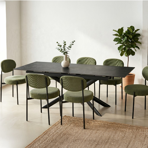 Table à manger rectangulaire extensible 6/10 pers. en céramique gris anthracite et piètement noir 160/290x90 cm - Vik