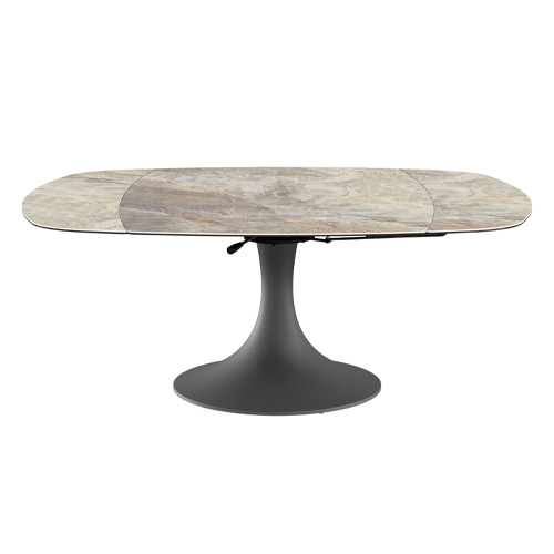 Table à manger extensible automatique 6/8 pers. en céramique effet Marbre taupe et piètement noir 115/190x190 cm - Sabbia