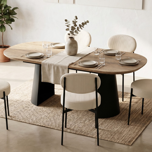 Table à manger ovale extensible 8/16 pers. effet bois et piètement noir 206/406x103 cm - Douro