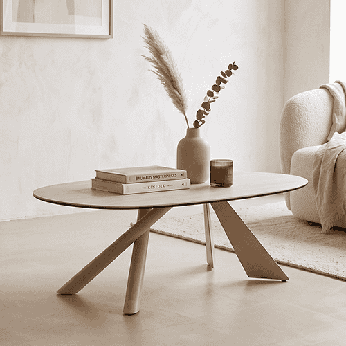 Table basse ovale en céramique effet Travertin et piètement beige 120x72 cm - Tundra