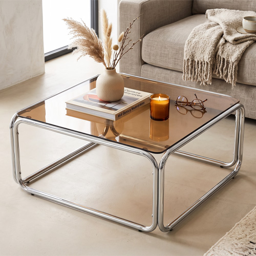 Table basse carrée en acier chromé et verre fumé 85x85 cm - Spritz
