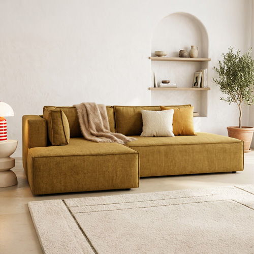 Canapé d'angle à droite convertible 3 places avec coffre en tissu chenille bronze - Barani