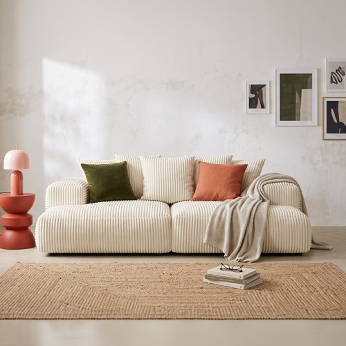 Canapé droit 3 places assise profonde en velours côtelé beige - Belvia