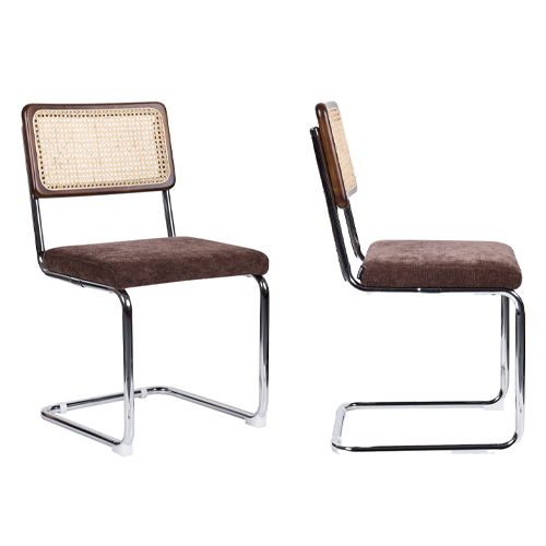 Lot de 2 chaises en cannage, tissu chenille marron et piètement chromé - Muse
