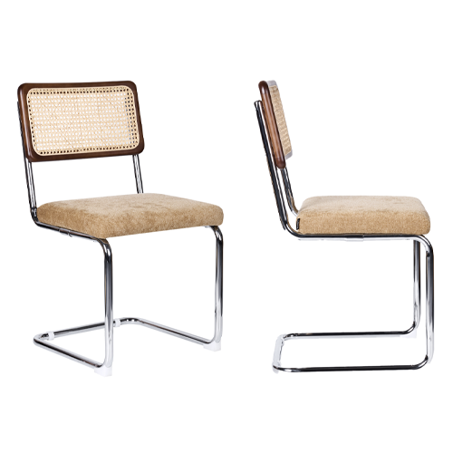 Lot de 2 chaises en cannage, tissu chenille camel et piètement chromé - Muse