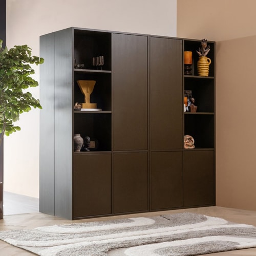Buffet haut 3 portes - 3 niches à droite - en pin cannelé brun moyen 108 cm - Meggy