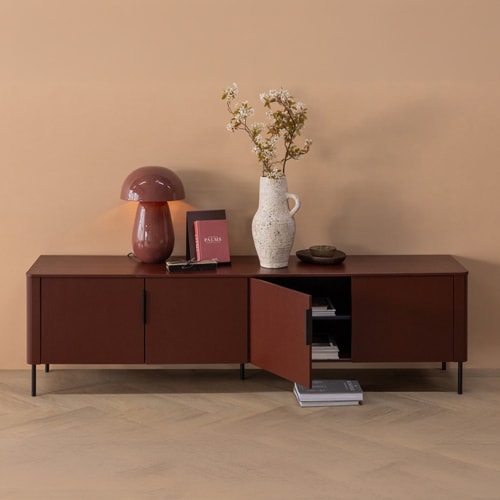 Meuble TV en pin cannelé bordeaux 200 cm - Gunnar