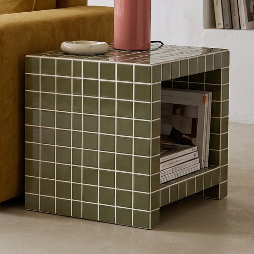 Bout de canapé cubique avec niche effet mosaïque vert olive 40 cm - Ibiza