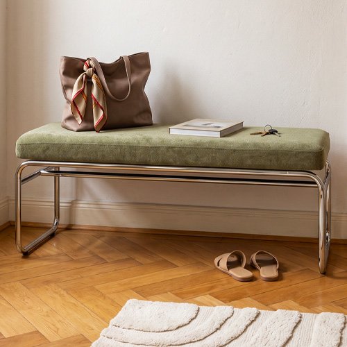 Banc en tissu chenille vert olive et métal chromé 130 cm - Garett
