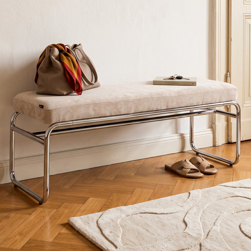 Banc en tissu chenille beige foncé et métal chromé 130 cm - Garett