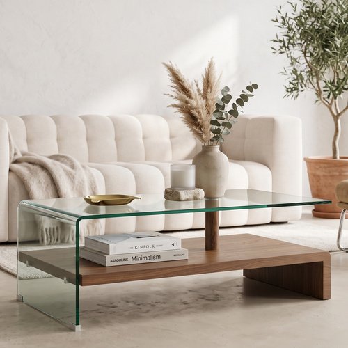 Table basse rectangulaire en verre trempé avec étagère effet noyer 110 cm - Valko