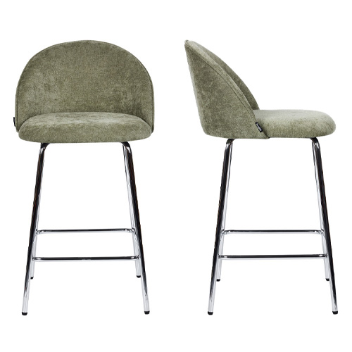 Lot de 2 tabourets de bar en tissu chenille vert olive, piètement chromé - Alta