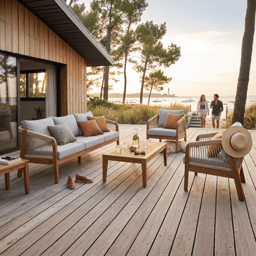 Salon de jardin 5 places en bois FSC - 1 canapé 3 places + 2 fauteuils - coussins gris chiné - Symi