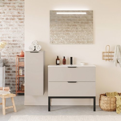 Meuble de salle de bain suspendu vasque intégrée 90cm 2 tiroirs Beige - Venice