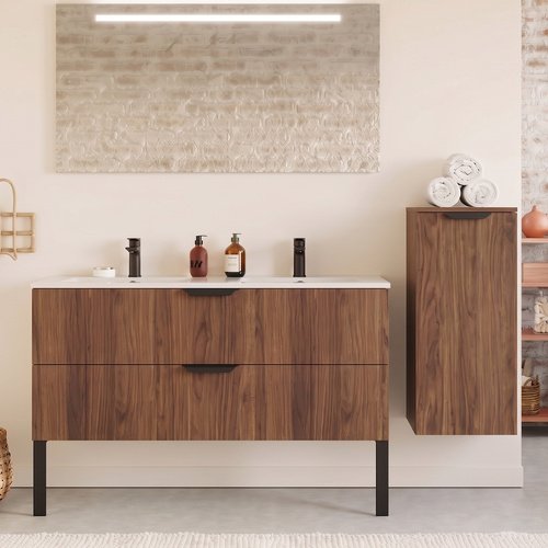 Meuble de salle de bain suspendu vasque intégrée 90cm 2 tiroirs Noyer - Venice