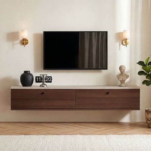 Meuble TV 2 portes effet travertin et noyer 140 cm - Farel