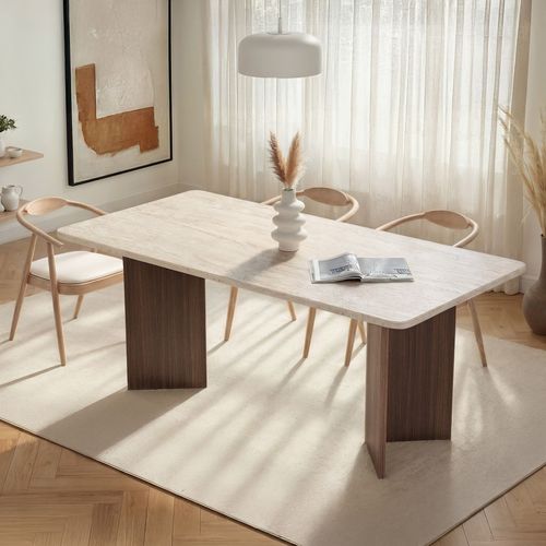 Table à manger effet travertin et noyer 6 convives 180 cm - Golia