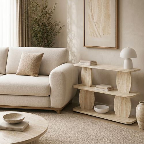 Table d'appoint 2 niches effet travertin 90 cm - Vero