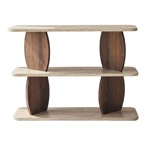 Table d'appoint 2 niches effet travertin et noyer 90 cm - Vero