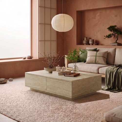 Table basse 2 portes effet travertin 90 cm - Vona