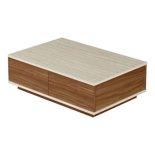Table basse 2 portes effet noyer et travertin 90 cm - Ravia