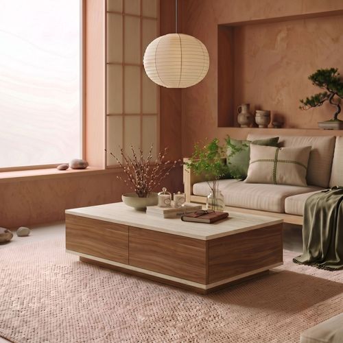 Table basse 2 portes effet noyer et travertin 90 cm - Ravia