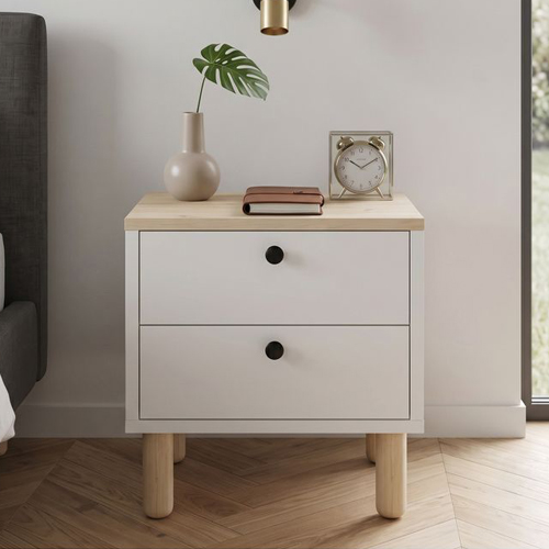 Table de chevet 2 tiroirs effet chêne clair et blanc 44,5 cm - Denza