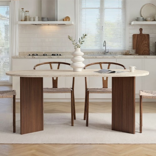 Table à manger ovale effet travertin et noyer 6 convives 180 cm - Suna