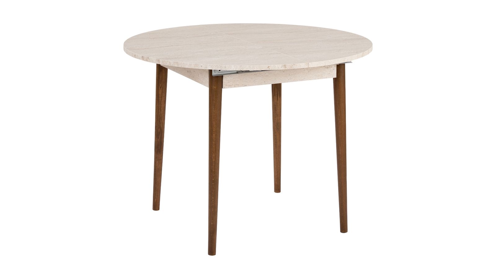 Table à manger extensible ronde effet travertin et noyer 4 convives 100/131 cm - Marea