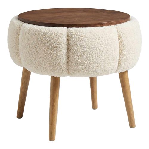 Table d'appoint ronde en tissu teddy crème 45 cm - Ronia