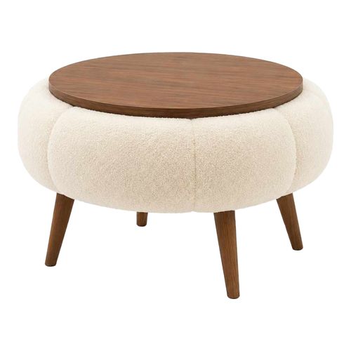Table basse ronde en tissu teddy effet noyer et crème 60 cm - Silva