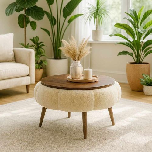 Table basse ronde en tissu teddy effet noyer et crème 60 cm - Silva