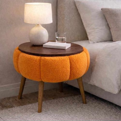 Table d'appoint ronde en tissu teddy orange 45 cm - Ronia