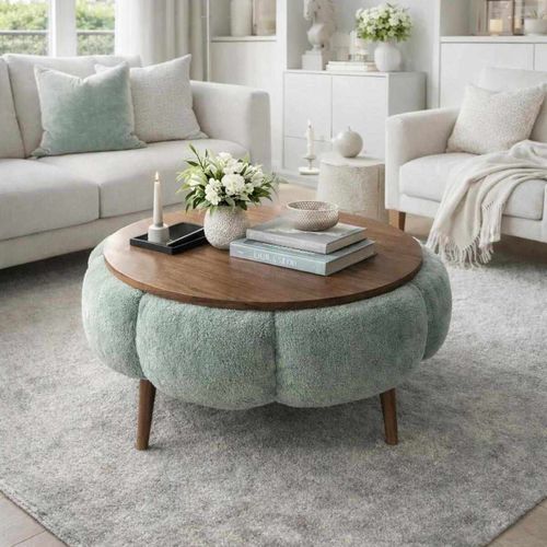 Table basse ronde en tissu teddy effet noyer et vert 60 cm - Silva