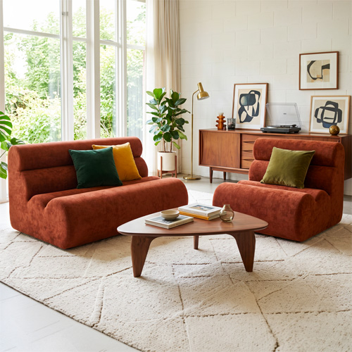 Ensemble chauffeuse + banquette modulables 3 places en tissu chenille rouille - Billie