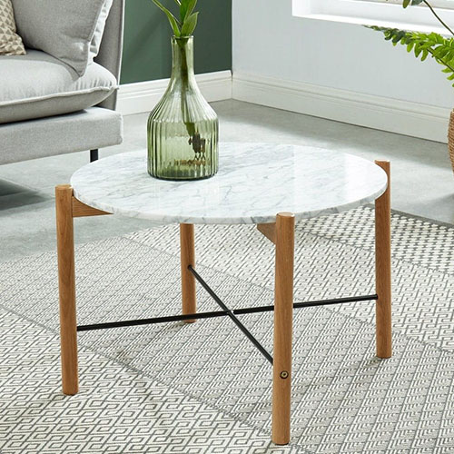 Table basse ronde 60 cm en marbre blanc et pieds en chêne- Collection Anna