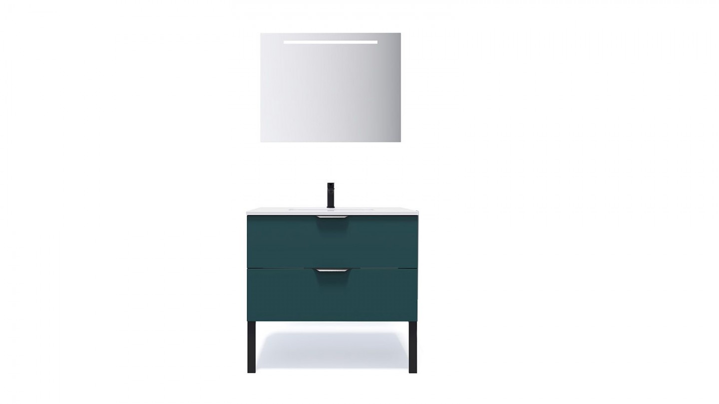Meuble de salle de bains 90 cm Tropical - 2 tiroirs - simple vasque + miroir - Loft