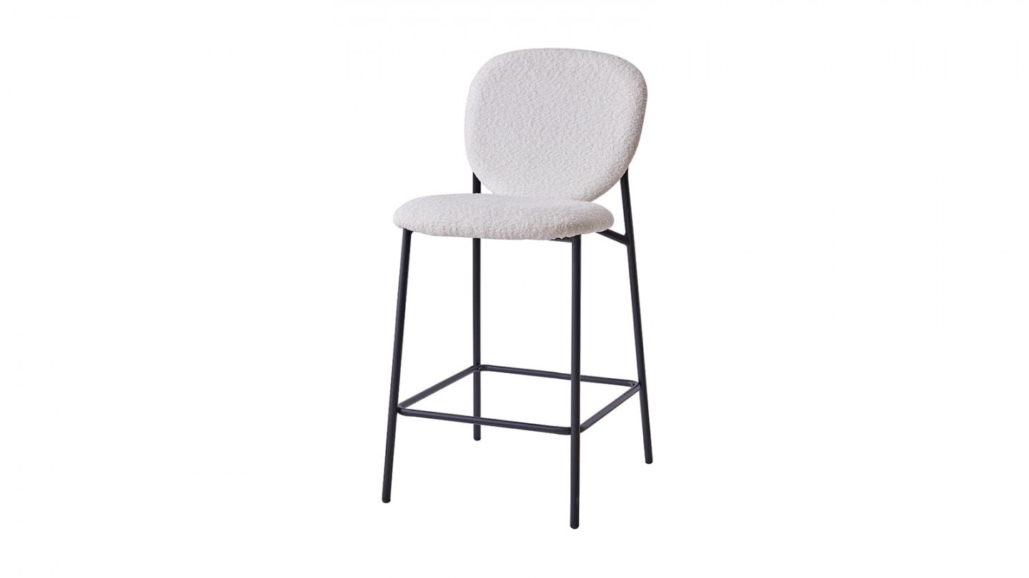 Lot de 2 tabourets de bar en tissu bouclé écru, piètement métal noir - Betty