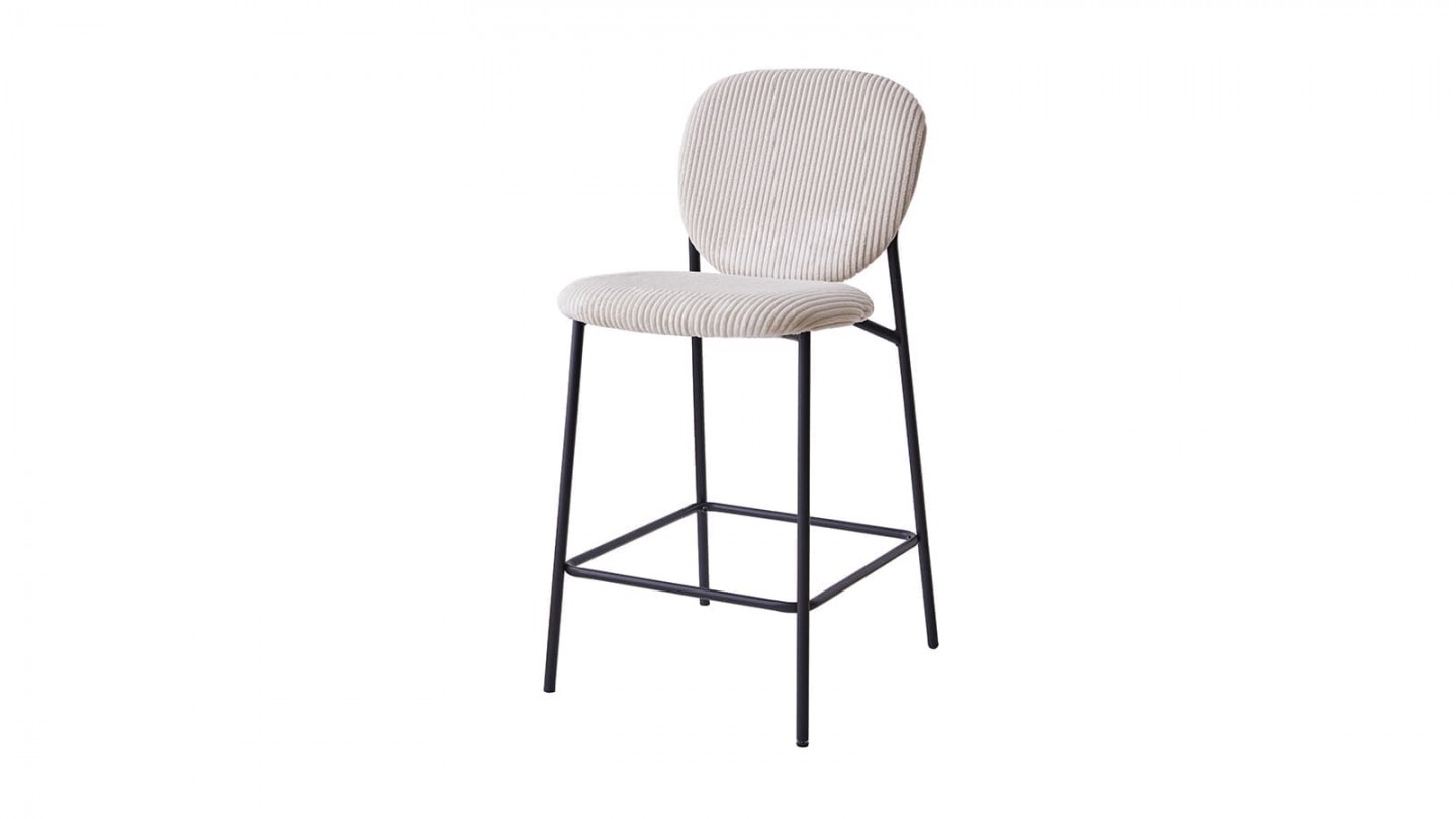 Lot de 2 tabourets de bar en velours côtelé beige, piètement métal noir - Betty