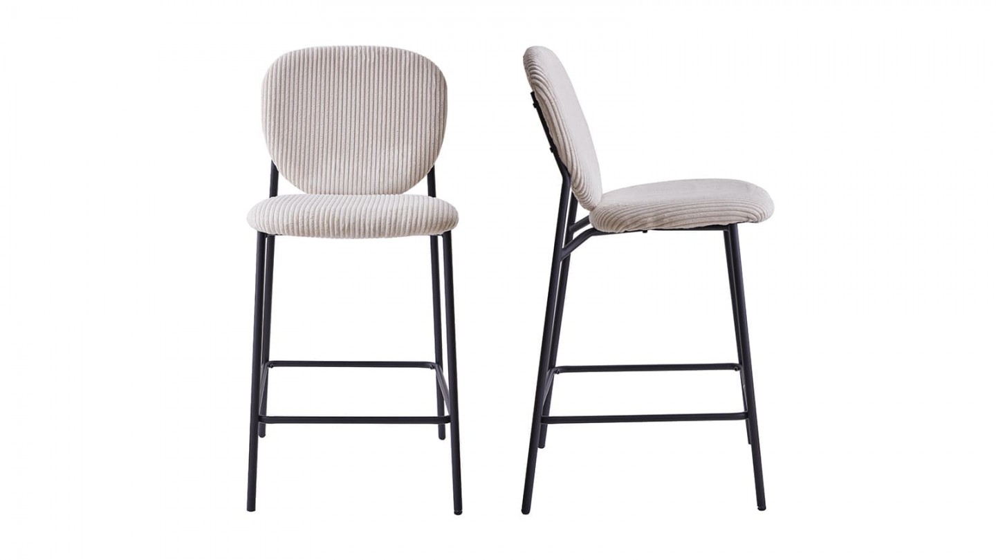 Lot de 2 tabourets de bar en velours côtelé beige, piètement métal noir - Betty