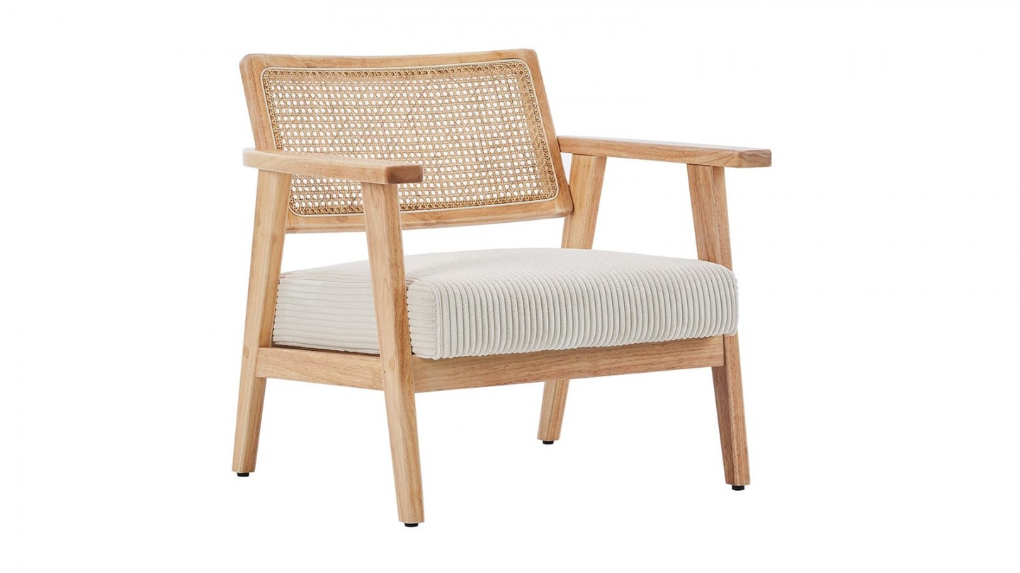 Fauteuil en velours côtelé beige et cannage naturel - Tim