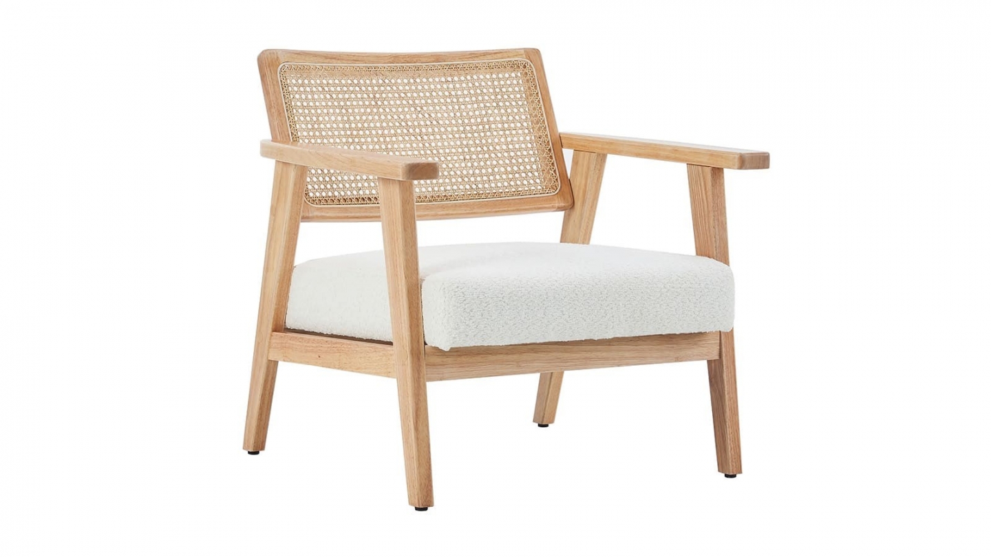 Fauteuil en tissu bouclé écru et cannage naturel - Tim Fauteuil en tissu bouclé écru et cannage naturel - Tim