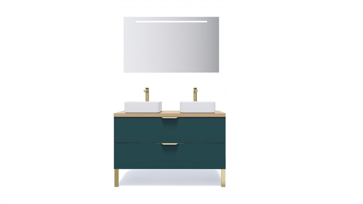 Meuble de salle de bain suspendu 2 vasques à poser 120cm 2 tiroirs Bleu + miroir - Swing